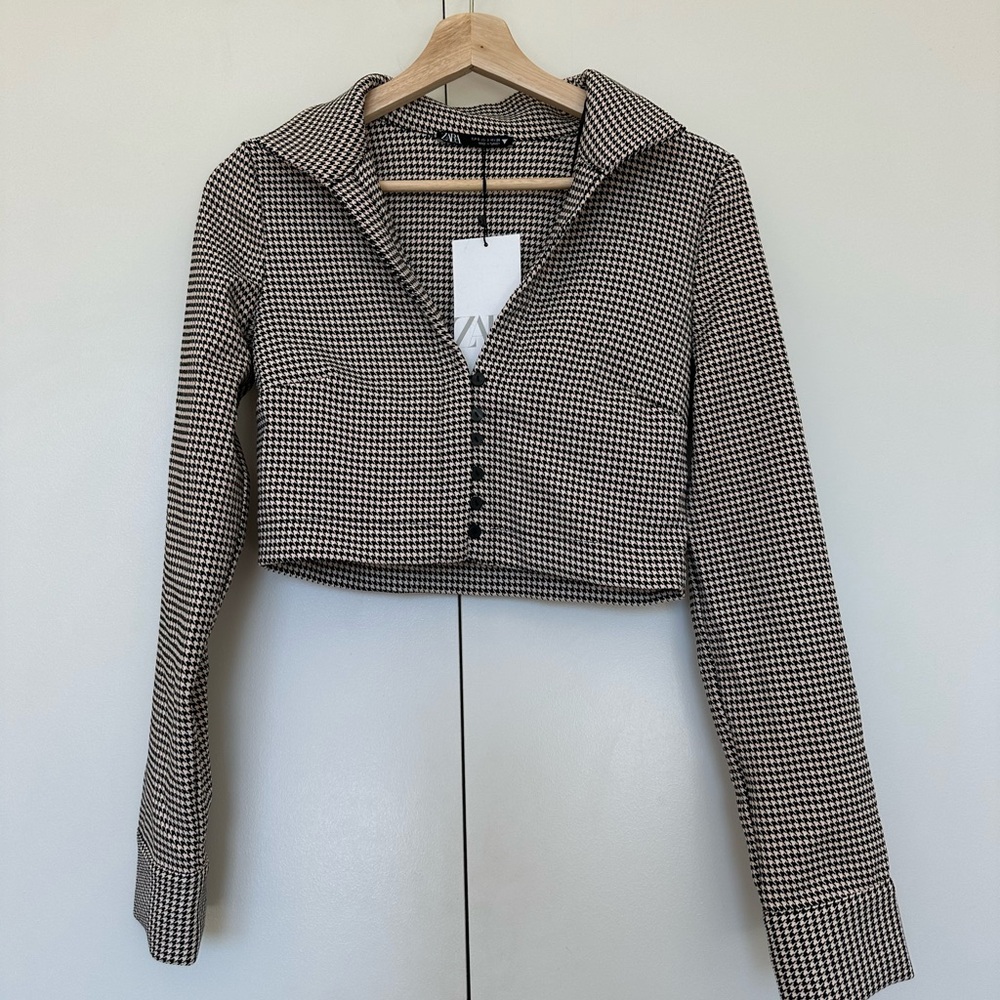 Zara Women's Houndstooth Crop Longsleeve Black/Tan